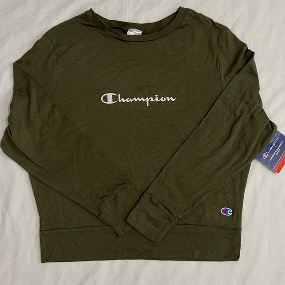Champion Cotton Blend Long Sleeve Athletic Olive Green Tee - Picture 1 of 4
